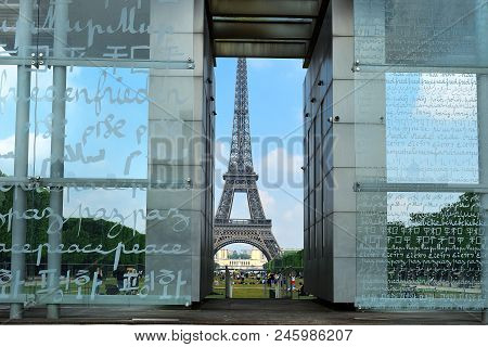 Paris, France -24 May 2018 Wall Of Peace Monument At The Champ De Mars And The Eiffel Tower In The B