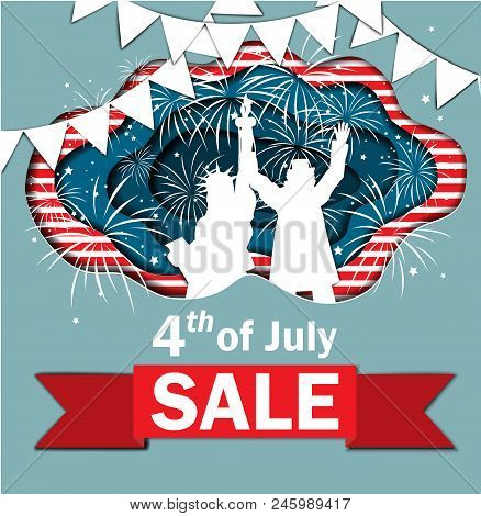 Independence Day Sale. Funny Paper Cut Banner For Independence Day July 4 Usa With Statue Of Liberty