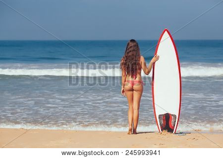 Rear View Of Beautiful Surfing Girl In Sexy Red Bikini With Sporty Butt Hold White Surf Surfboard Bo