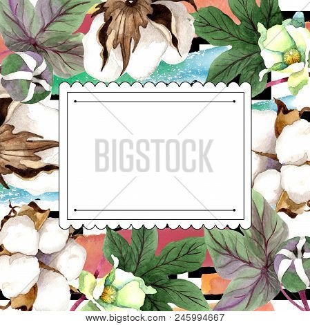 Soft Cotton. Floral Botanical Frame Border Ornament Square. Aquarelle Wildflower For Background, Tex