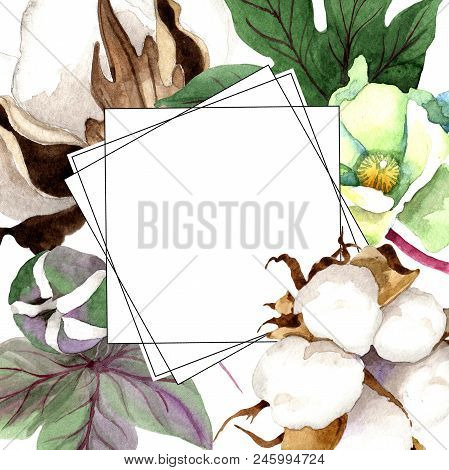 Soft Cotton. Floral Botanical Frame Border Ornament Square. Aquarelle Wildflower For Background, Tex