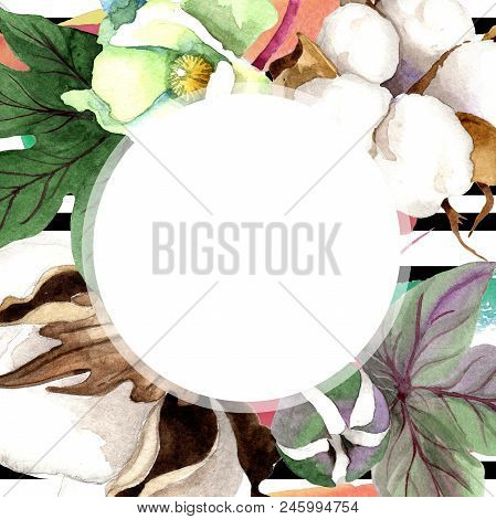 Soft Cotton. Floral Botanical Frame Border Ornament Square. Aquarelle Wildflower For Background, Tex
