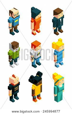 3d Low Poly Peoples. Isometric User Icons Set Characters Young, Polygonal Woman And Man, Vector Illu