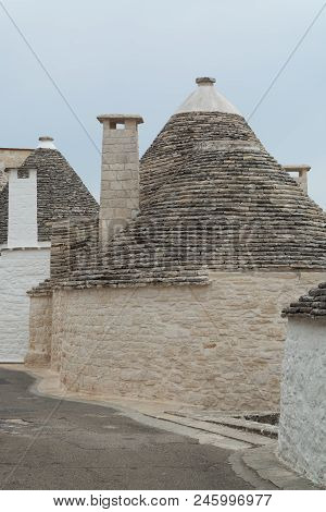 Unique Small South Italia City Alberobello With Antient Stones Conical Houses Trullo, Tourist Destin