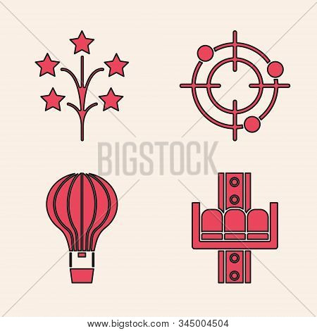 Set Attraction Carousel, Fireworks, Target Sport For Shooting Competition And Hot Air Balloon Icon. 