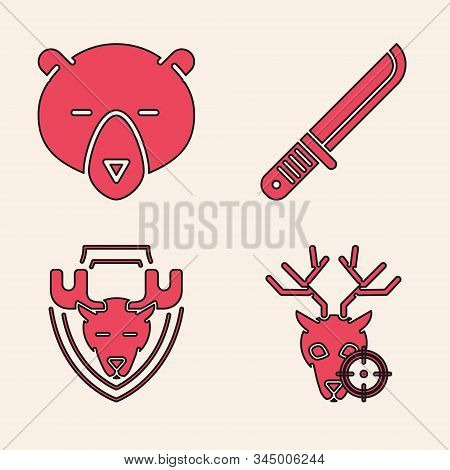 Set Hunt On Deer With Crosshairs, Bear Head, Hunter Knife And Moose Head On Shield Icon. Vector