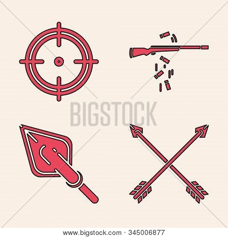 Set Crossed Arrows, Target Sport For Shooting Competition, Gun Shooting And Hipster Arrow Tip Icon. 
