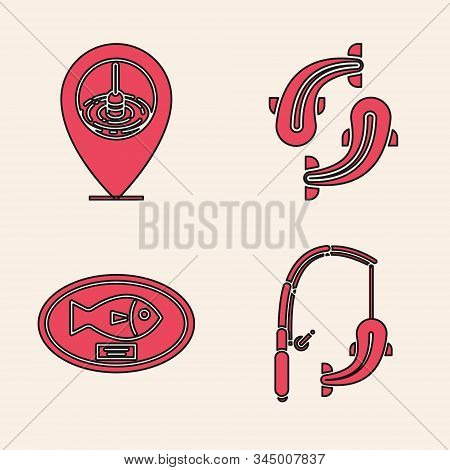 Set Fishing Rod And Fish, Location Fishing, Fish And Fish Trophy Hanging On The Board Icon. Vector