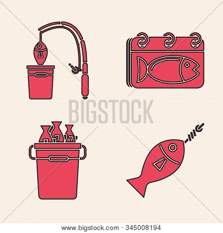Set Fish On Hook, Fishing Rod And Fish, Calendar With A Fish And Fishing Bucket With Fishes Icon. Ve