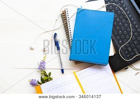 Notbook Monthly Planner With Computer For Business Work Of Lifestyle At Office Arrangement Flat Lay 