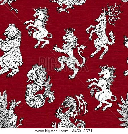 Seamless Pattern With Heraldic Animals Like Lion, Deer, Beer, Unicorn On Background. Hand Drawn Engr