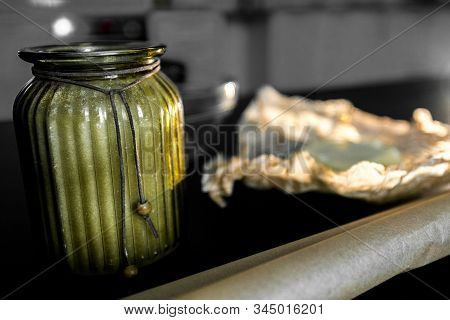 Ingredients And Utensils For Making Cookies And Cooking In The Background Of The Kitchen. Yellow But