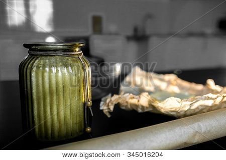 Ingredients And Utensils For Making Cookies And Cooking In The Background Of The Kitchen. Yellow But