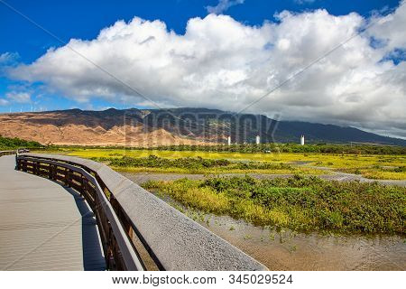 On The Kealia Coastal Boardwalk Looking Across The Kealia Pond National Wildlife Refuge Towards The 