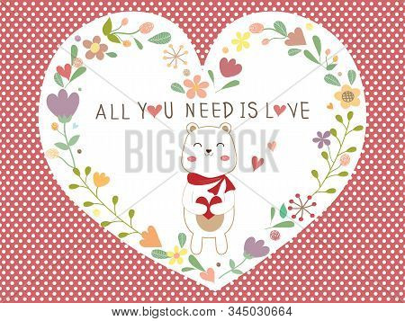 Beautiful Valentines Day Card On Red And White Polka Dot Background. Valentine Colorful Flower Heart