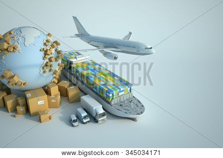 3D  rendering of the Earth surrounded by cardboard boxes, a cargo container ship, a flying plain, a car, a van and a truck