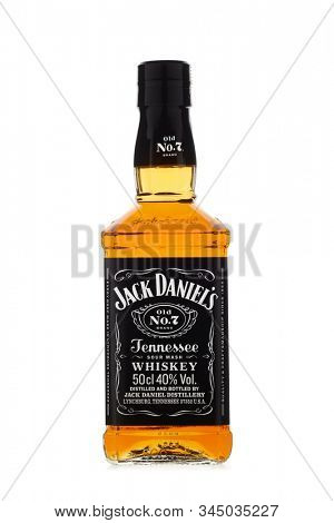 St.Petersburg, Russia - December 2019 - Bottle of Jack Daniel's whiskey isolated on white background. Brand of the American whiskey