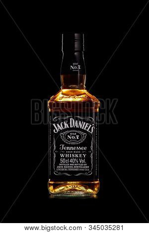 St.Petersburg, Russia - December 2019 - Bottle of Jack Daniel's whiskey on black background. Brand of the American whiskey