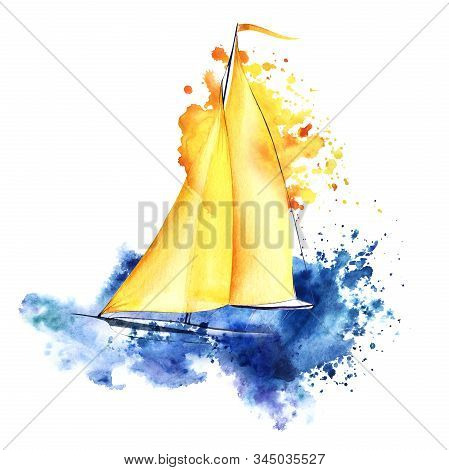 Yellow Sailing Ship With Orange Flag. Light Pleasure Yacht Sailboat In A Shapeless Cloud Of Yellow A