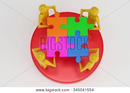 Businesspeople Analyzing Market Segment. Different Groups Of 3d Men Occupy Different Shares In The B