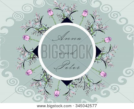Invitation To The Wedding, Party, Greeting Card With A Floral Design. Volet, White, Grey, Pink Color
