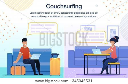 Couchsurfing Online Service Trendy Flat Vector Ad Banner, Promo Poster Template. Traveling Man, Male