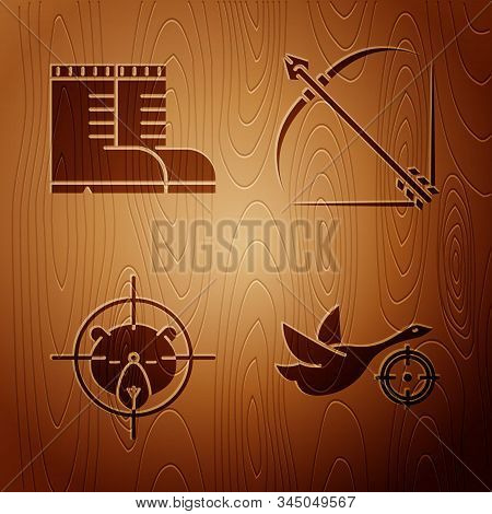 Set Hunt On Duck With Crosshairs, Hunter Boots, Hunt On Bear With Crosshairs And Bow And Arrow In Qu