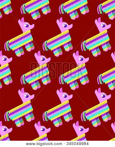 Pinata Pattern Seamless. Traditional Mexican Donkey Toy With Sweets Inside. Vector Texture