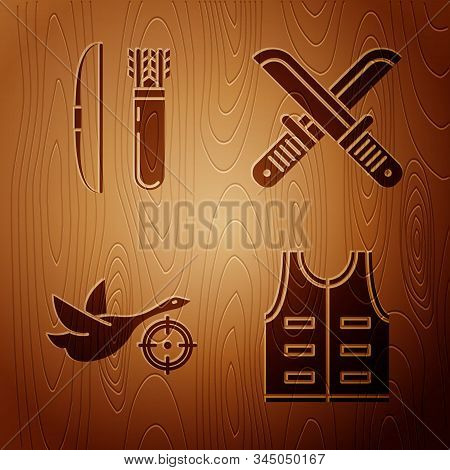 Set Hunting Jacket, Bow And Arrow In Quiver, Hunt On Duck With Crosshairs And Crossed Hunter Knife O