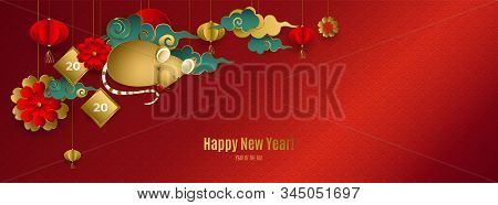 Happy Chinese New Year 2020 Of Rat. Banner With Hanging Gold Mouse, Clouds, Lanterns, Flowers On Red