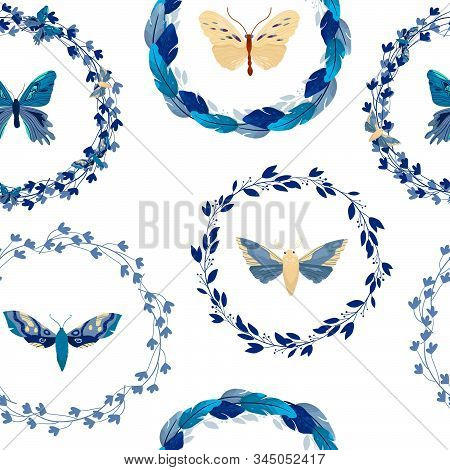Vector Floral Seamless Pattern On White Background.  Wreath With Leaves And Flowers. Bright Colorful