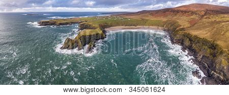 Aerial View Of The Beautiful Coast At Malin Beg Looking In County Donegal, Ireland.