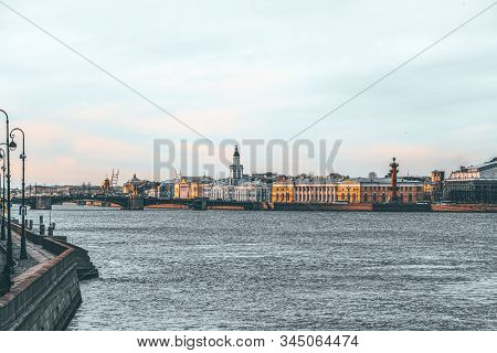 Rostral Columns On The Spit Of Vasilievsky Island. Saint Petersburg. Russia.