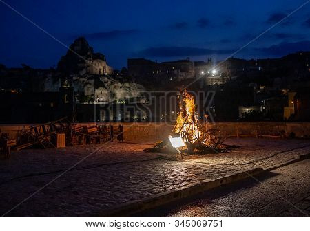 Matera; Italy - September 17; 2019: Bond 25; Scenes Of Fires And Explosions; From The Movie 
