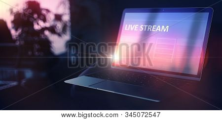 Live Stream On Beautiful Space Gray New Model Of Stylish Contemporary Notebook. Evening Education Co
