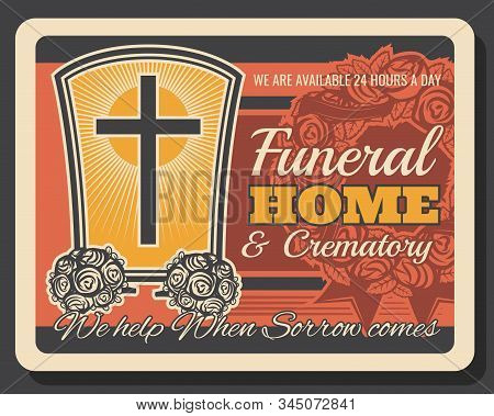 Funeral Service Company, Crematory And Burial Ceremony Organization Agency Vintage Retro Poster. Vec