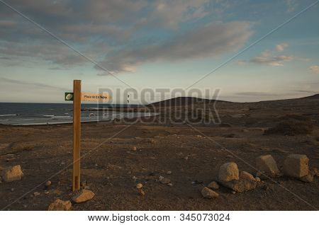 Trekking Post In Playa De La Tejitas, Tejitas Beach, El Medano, Tenerife, Canarias. With Blue Sky An