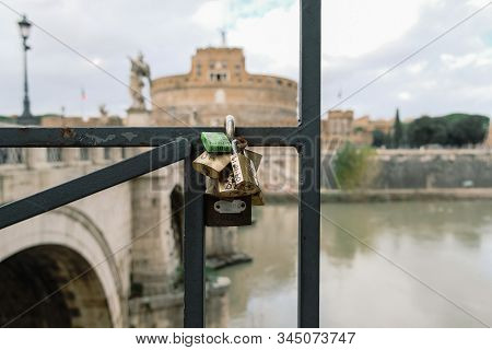 Love Locks On Santangelo Castle Blurred Background In Rome, Valentines Day