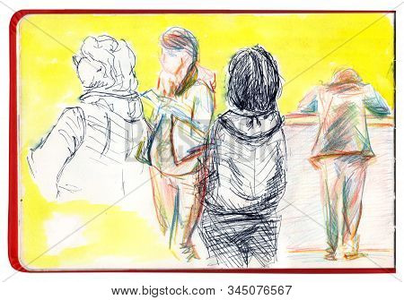 Page In The Album With Sketches Of The Artist Quick Sketches: People In Different Poses - Hand-drawn