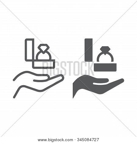 Proposal Marriage Line And Glyph Icon, Valentine And Holiday, Ring On Hand Sign, Vector Graphics, A 