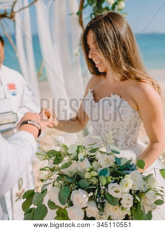 September 3, 2019. Bali, Indonesia. Wedding Ceremony At Tropical Beach. Wedding Arch And Caucasian C
