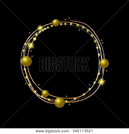 Round Gold And Glitter Frame Made Of Simple Elements. Vector Illustration On A Black Background, For
