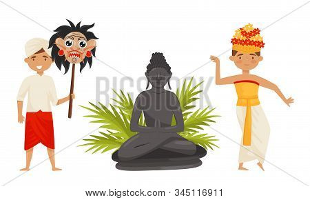 Bali Traditional Dance And Traditions Symbols Vector Set. Man Holding Mask And Woman Dancing