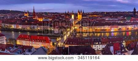 Aerial Panoramic View Of Old Town With Cathedral, City Hall And Alte Mainbrucke In Wurzburg, Part Of