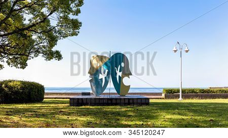 Beppu, Japan, August 5, 2017: Summer Noon On The Waterfront Of The City. Sea View From The Park.