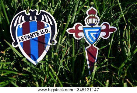 September 6, 2019, Madrid, Spain. Emblems Of Spanish Football Clubs Celta Vigo And Levante On The Gr