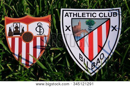September 6, 2019, Madrid, Spain. Emblems Of Spanish Football Clubs Sevilla And Athletic Bilbao On T