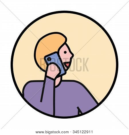 Man In Circle With Thin Line Border. Guy Talking On Phone With Somebody. Young Person Hold Mobile De
