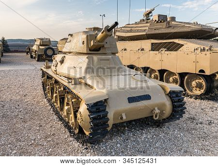 Latrun, Israel, January 14, 2020 : Hotchkiss H39 Tank Is On The Memorial Site Near The Armored Corps