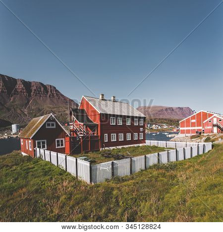 View Over Colourful Greenland Houses Of Disko Island, Arctic City Of Qeqertarsuaq. Located In The Di
